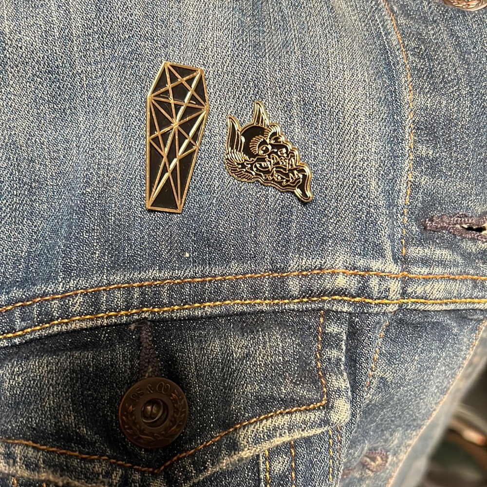 SET OF TWO Gold and Black Enamel Artist Pins